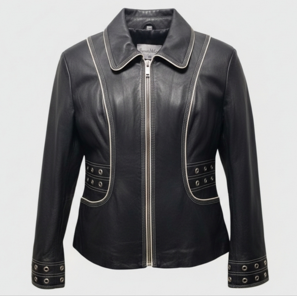 Pam McCoy Black & White Grommet-Detail Soft Leather Jacket